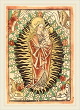 German 15th Century, Madonna and Child in a Rosary, c. 1480, woodcut, hand-colored in red lake,