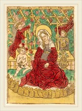 German 15th Century, Madonna in a Closed Garden, 1450-1470, woodcut in brown, hand-colored in red