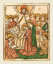 German 15th Century, The Death of the Virgin, c. 1460, woodcut, hand-colored in carmine, brown,