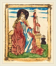 German 15th Century, Saint Barbara, 1460-1470, woodcut in brown, hand-colored in red lake, yellow,