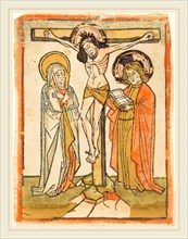 German 15th Century, Christ on the Cross, c. 1460, woodcut, hand-colored in orange, yellow, olive,