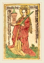 German 15th Century, Saint Barbara, 1440-1460, woodcut, hand-colored in red lake, yellow, green,