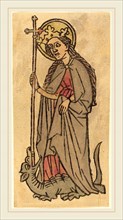 German 15th Century, Saint Margaret, c. 1460, woodcut, hand-colored in gray, rose, and yellow