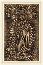 German 15th Century, The Virgin Crowned by Two Angels, c. 1500, white line woodcut