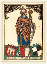German 15th Century, Bishop of Augsburg with Three Coats of Arms, c. 1485, hand-colored woodcut