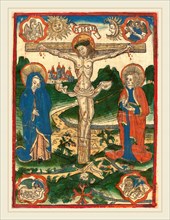 German 15th Century, Christ on the Cross, 1480-1500, woodcut, hand-colored in green, blue,