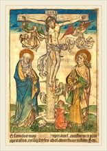 German 15th Century, Christ on the Cross with Angels, c. 1490, woodcut, hand-colored in blue,