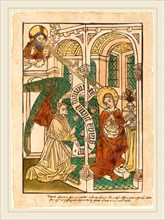 German 15th Century, The Annunciation, c. 1450-1470, woodcut, hand-colored in red lake, green,