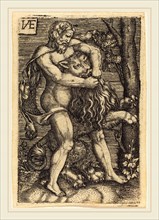 Master HVE (German, active 16th century), Hercules Killing the Lion, engraving