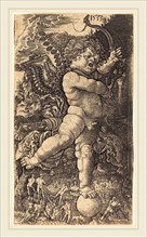 Master H.L. (German, active 1516-1530), Cupid Balancing on a Globe, 1533, engraving on laid paper