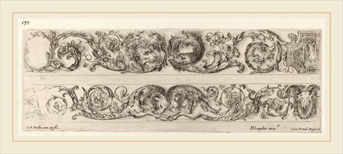 Stefano Della Bella (Italian, 1610-1664), Two Ornamental Bands with Facing Heads of Lion and Eagle,