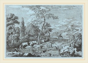 Marco Ricci (Italian, 1676-1729), Cattle and Figures at a Farmyard Stream, etching on blue laid