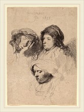 Rembrandt van Rijn (Dutch, 1606-1669), Three Heads of Women, One Asleep, 1637, etching