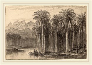 Edward Lear, Figures Setting Out in Canoes from a Palm Grove (Wady Feiran), British, 1812-1888,