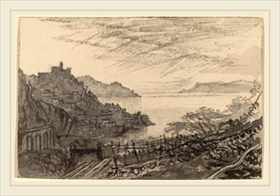 Edward Lear, View of a Bay from a Hillside (Amalfi), British, 1812-1888, 1884-1885, gray wash on