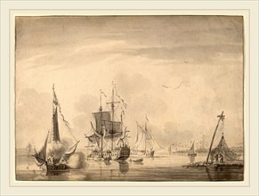 John Greenwood, Harbor Scene, American, 1727-1792, c. 1760, brush and gray ink with gray wash on