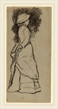 Homer Dodge Martin, Standing Woman in Profile, American, 1836-1897, black crayon on gray-blue paper