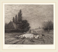 Joseph Foxcroft Cole, Village Street in France With a Flock of Sheep, American, 1837-1892, 1866