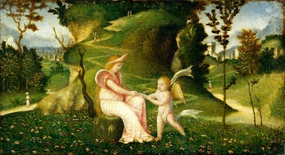 Circle of Giorgione, Venus and Cupid in a Landscape, c. 1505-1515, oil on panel