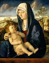 Workshop of Giovanni Bellini, Madonna and Child in a Landscape, c. 1490-1500, oil on panel