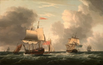 An English Two-Decker Lying Hove to, with Other Ships and Vessels in a Fresh Breeze Signed and