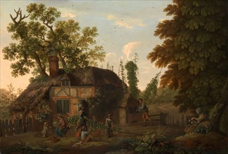 Hop Pickers Outside a Cottage Signed in light green paint, lower left: "Geo Smith", George Smith,