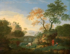 A Landscape with Distant Classical Ruins, a Bridge, Figures, and Cattle Signed and dated, lower