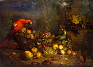 Parrots and Fruit with Other Birds and a Squirrel Signed, lower right: "T. Stranover", Tobias