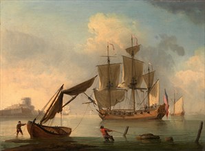An English Sloop Becalmed near the Shore, Francis Swaine, 1730-1782, British