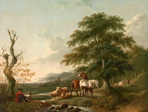 Landscape with a Shepherd Horses,Sheep and Cattle in a Romantic Landscape Signed on tree, lower
