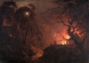 Cottage on Fire at Night Signed and dated, lower right: "J. Wright. | 17[??]", Joseph Wright of