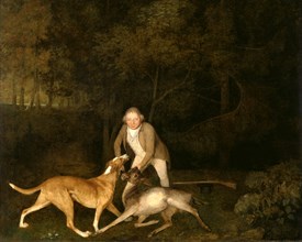 Freeman, the Earl of Clarendon's gamekeeper, with a dying doe and hound Signed and dated, lower
