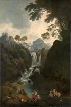 A Waterfall with Bathers Signed and dated in red paint, lower center right: "Julius Ibbetson [...]