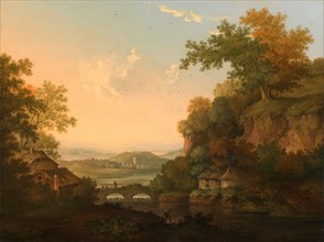 A River Scene with Thatched Huts by a Bridge over a Weir Signed and dated in ocher-color frame,