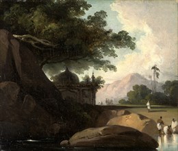 Indian Landscape with Temple Figures Washing Clothes by an Indian Temple, India, George Chinnery,