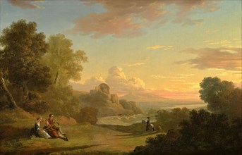 An Imaginary Landscape with a Traveller and Figures Overlooking the Bay of Baiae Signed and dated