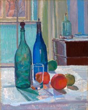 Blue and Green Bottles and Oranges Signed, lower right: "S. F. Gore [enclosed in rectangle]",