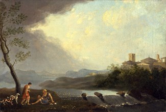 An Imaginary Italianate Landscape with Classical Figures and a Waterfall, Thomas Jones, 1742-1803,