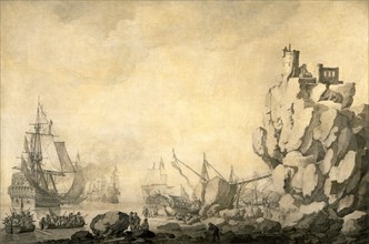 Ships and Militia by a Rocky Shore English and Dutch Ships with Armed Men by a Rocky, Fortified