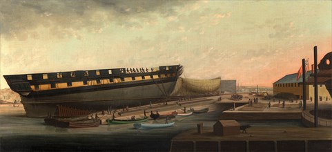Heaving up His Majesty's Frigate 'Diana' at Blackburn's Yard, near Plymouth Signed in ocher colored