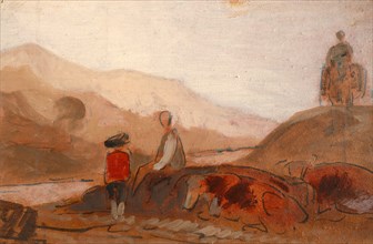 Mountainous Landscape with Figures by a Lake, unknown artist, 19th century, British