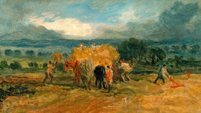 A Harvest Scene with Workers Loading Hay on to a Farm Wagon Signed, branded on verso: "I W R A",
