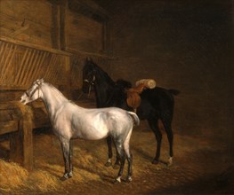 A Grey Pony and a Black Charger in a Stable Signed, lower right: "J. L. Agasse", Jacques-Laurent