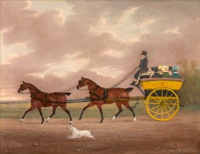 A Gentleman Driving Tandem to a Jaunting Car Going to Church: a coach and four driving along a