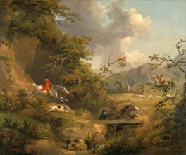 Foxhunting in Hilly Country Signed and dated, black paint, lower right: "G. Marland|1792", George