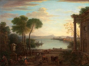 Classical Landscape Classical Landscape with Figures and Animals: Dawn Signed and dated in black