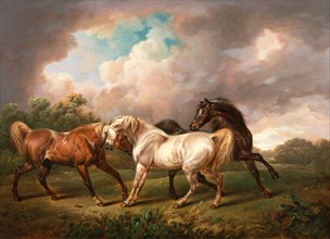 Three Horses in a Stormy Landscape Two Stallions and a Mare in a Stormy Landscape Signed and dated,