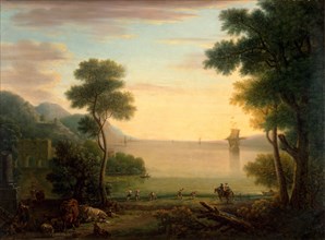 Classical Landscape with Figures and Animals: Sunset Signed and dated in paint, lower left: "J.