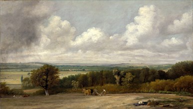 Ploughing Scene in Suffolk A Summerland Dedham Vale with Ploughmen A view looking across a valley,