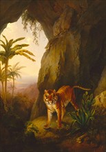 Tiger in a Cave Tropical Landscape with a Tiger Standing in a Cave, Jacques-Laurent Agasse,